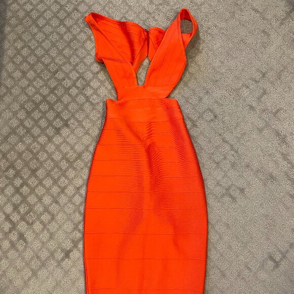 HERVE LEGER FOREVER 21 Bandage Orange Midi Dress with cutouts Sz Medium NWOT - Picture 5 of 5